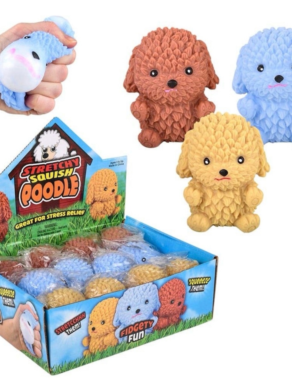 Stretchy Squishy Poodle Stress-Relief Toy - Yellow, Blue, Brown